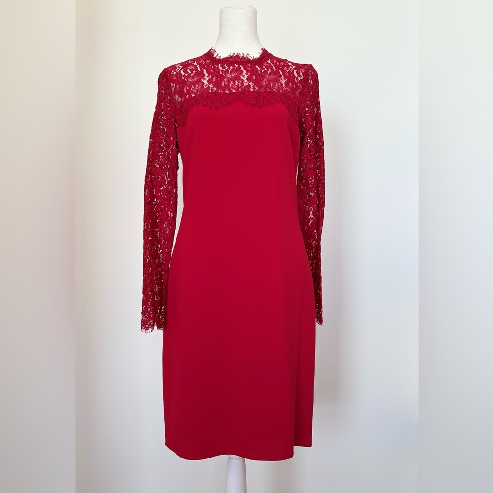 HOBBS London Red Sheath Dress with Bishop Sleeves and Bateau Neckline